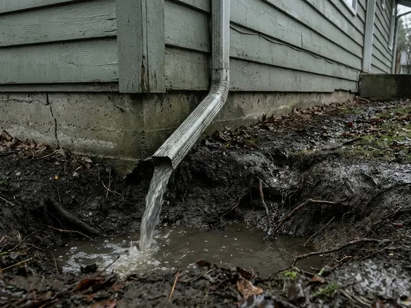 Downspout dumping water at the foundation before drainage fix