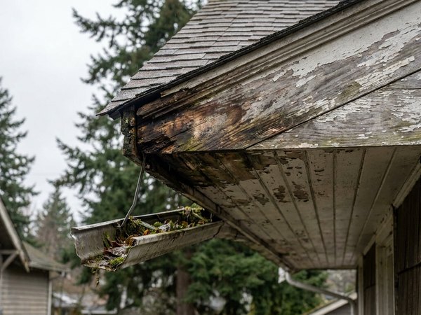 Rotted fascia board behind a pulling gutter before repair